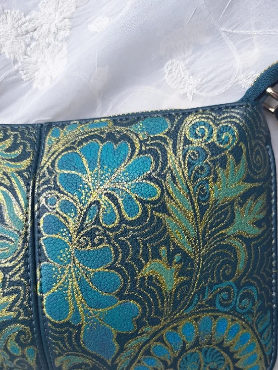Hand Painted Teal Free Form Designer Crossbody Clutch - Picture 4 of 17